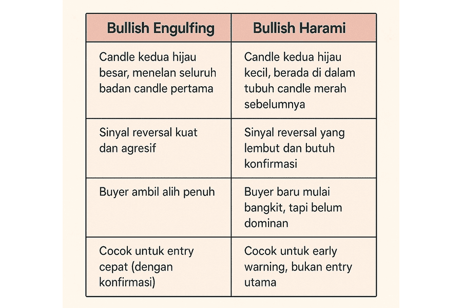 Tabel Perbedaan Bullish Enguofing dan Harami